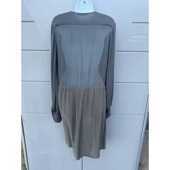 Chloe Sheer Olive Green 100% Silk V-neck Drop Waist Dress Gold Buttons FR40/US 8 - Picture 7 of 16